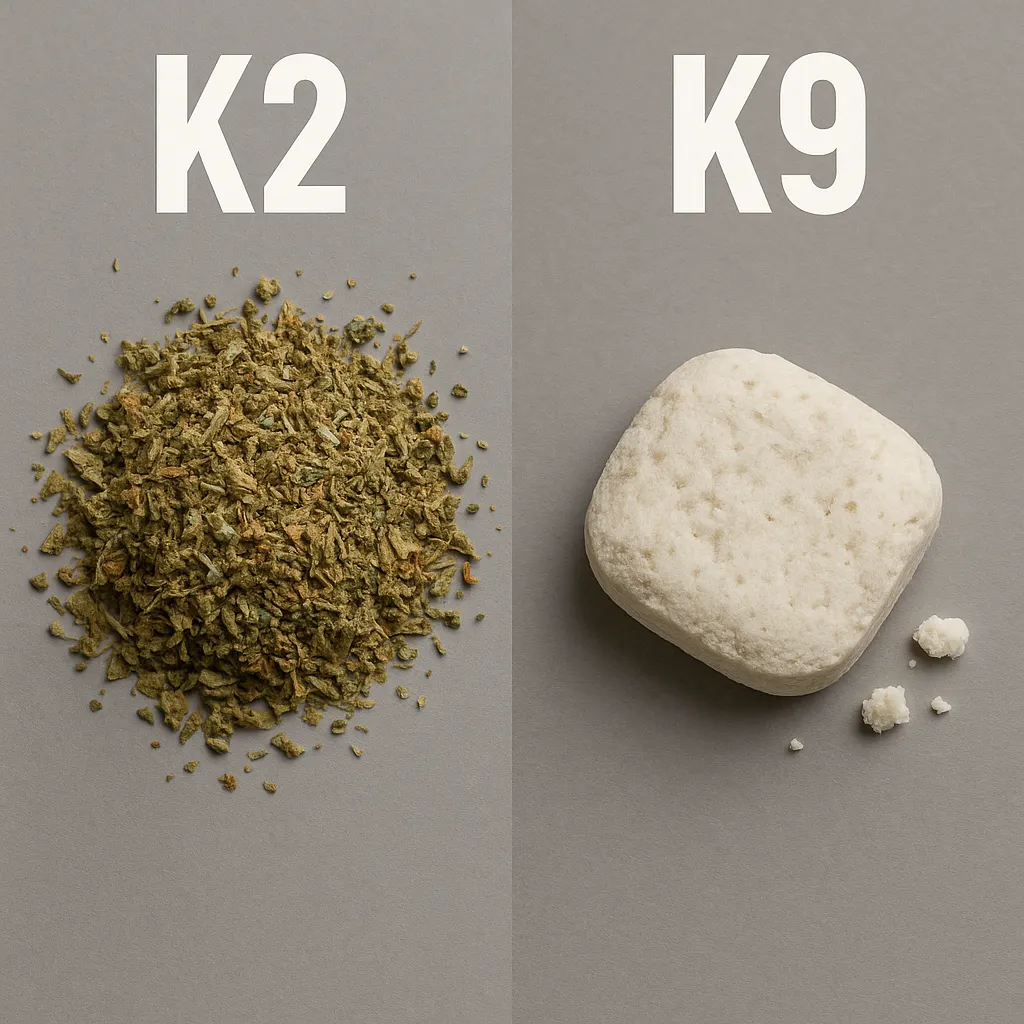 K2 e K9: Um guia completo sobre essas drogas Comparativo em fotos de k2 e k9 sobre uma mesa, mostrando suas diferenças