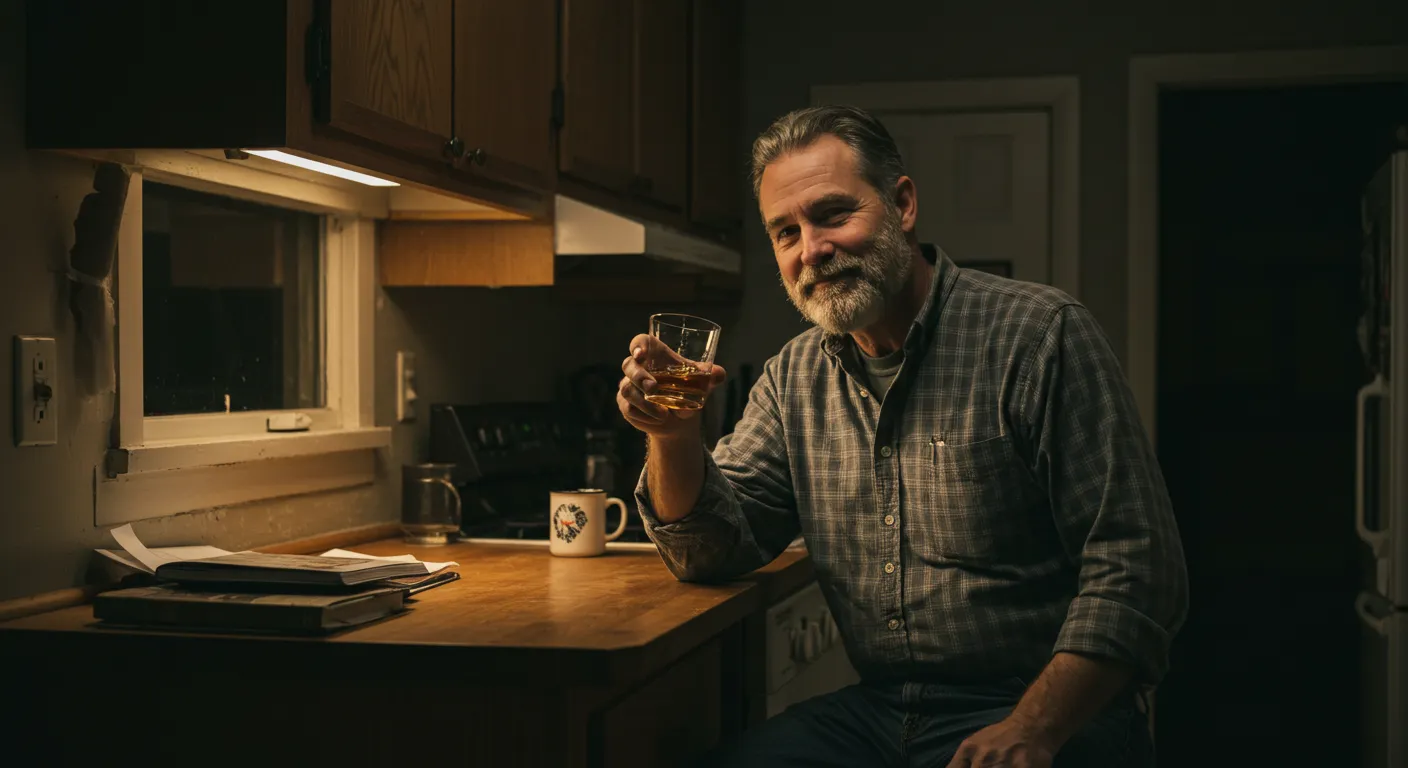 Homem aparentemente alcoolizado bebendo sozinho dentro de casa, representando sinais do alcoolismo funcional.