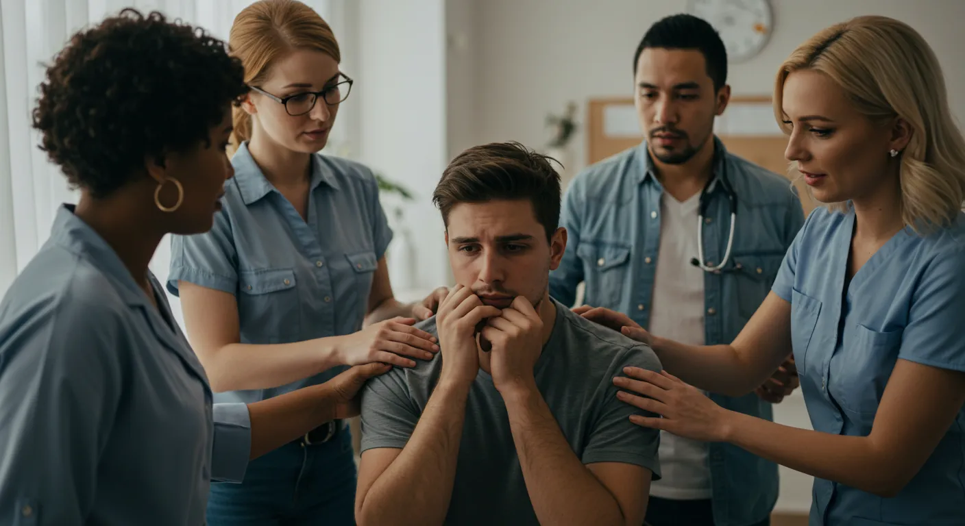 Grupo de pessoas ao redor de um dependente químico, representando apoio familiar e resistência ao tratamento. Grupo de pessoas ao redor de um dependente químico, representando apoio familiar e resistência ao tratamento.