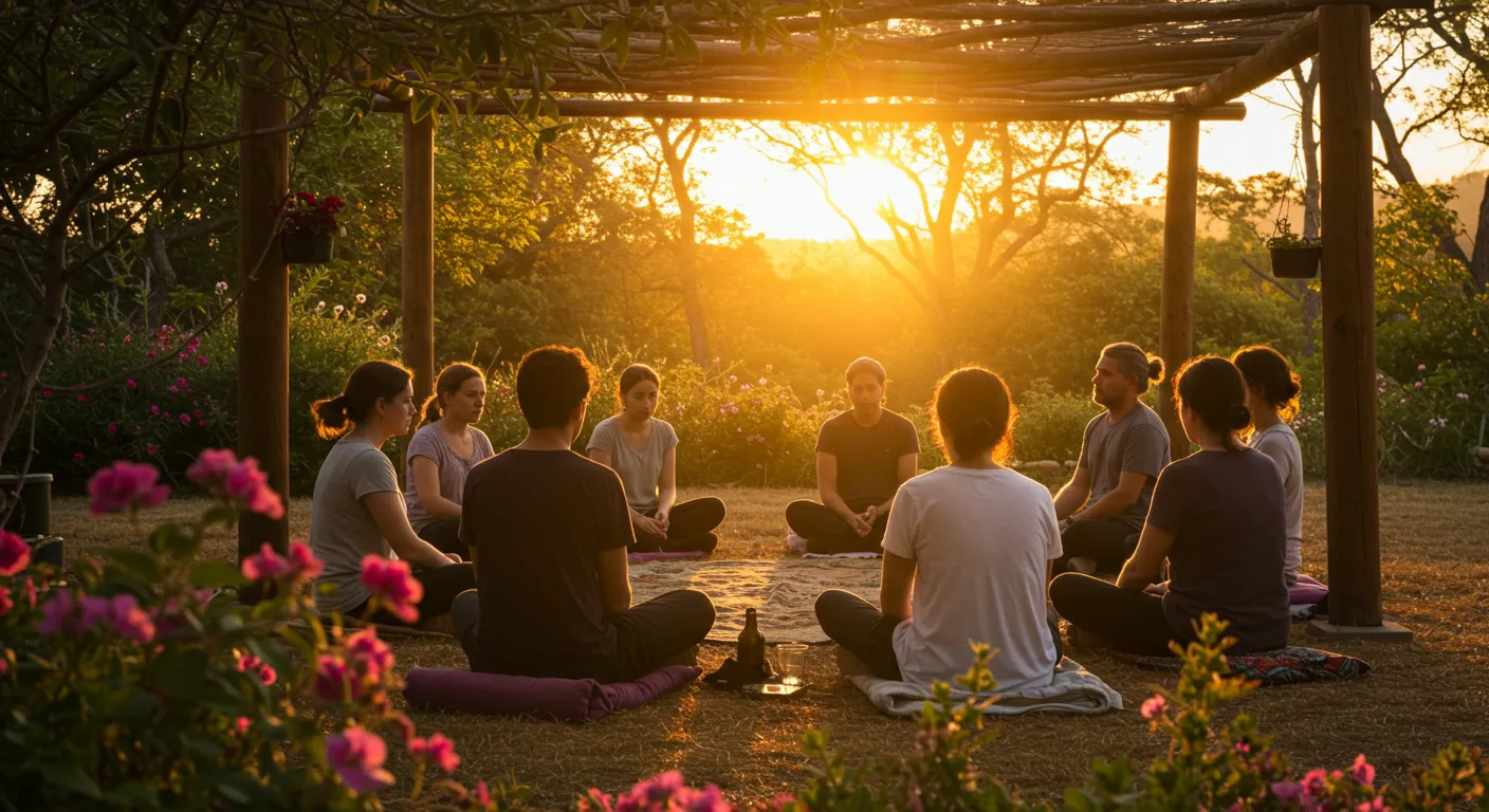 Grupo de pessoas em círculo em ambiente simples e acolhedor, representando uma comunidade terapêutica para dependentes químicos.