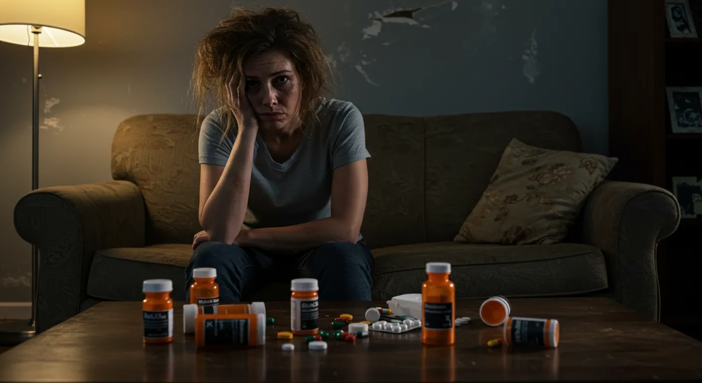 Mulher com expressão abalada cercada por frascos de remédios tarja preta, representando a dependência química de medicamentos controlados.