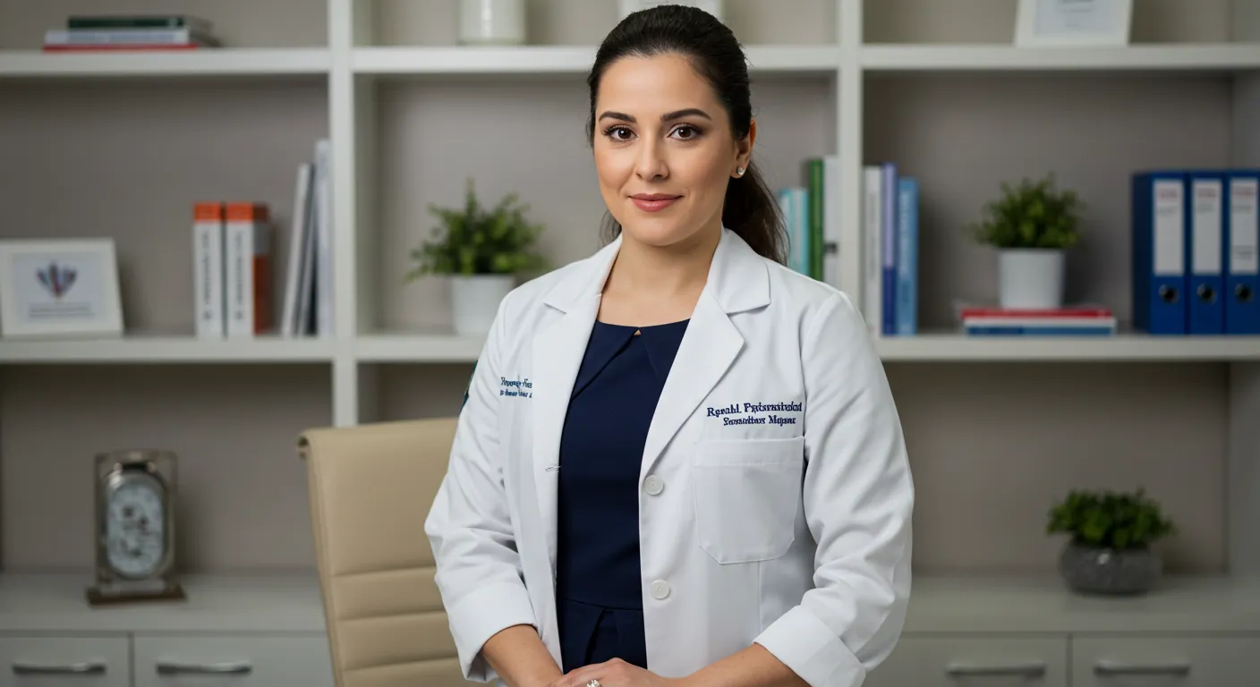 Psiquiatra em consultório, usando jaleco branco, representando atendimento especializado em dependência química.