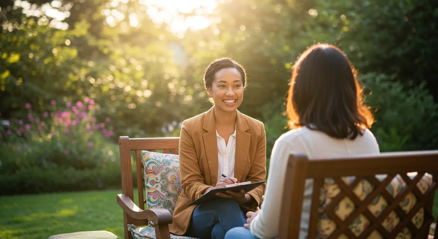 Profissional da saúde conversa com paciente em ambiente clínico, representando orientação sobre tipos de terapia. Profissional da saúde conversa com paciente em ambiente clínico, representando orientação sobre tipos de terapia.